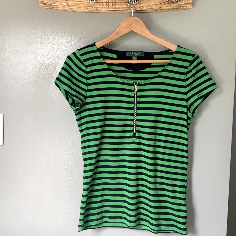 Ralph Lauren Striped Blue & Green Zipper Scoop Neck Short Sleeve